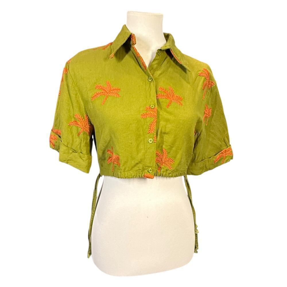 MAAC Zurri embroidered pal crop collared button up blouse green XS
